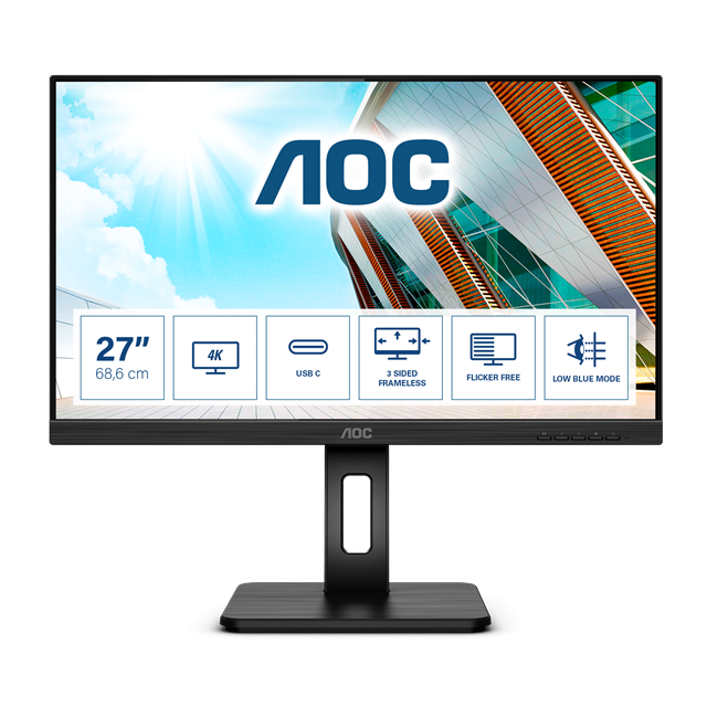 AOC U27P2CA 27"W IPS LED 3840x2160 50 000 000:1 4ms 350cd HDMI DP USB-C(65W) PIVOT repro