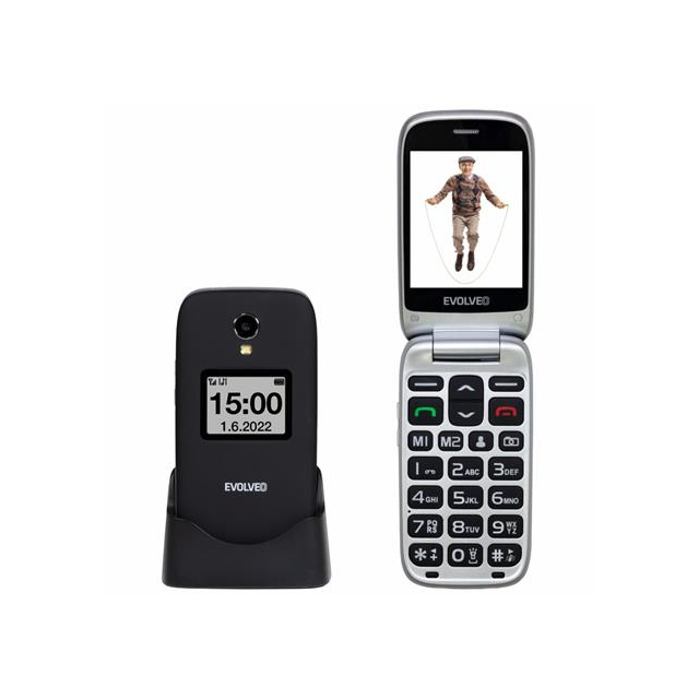 EVOLVEO EasyPhone FS, vyklápěcí mobilní telefon 2.8" pro seniory s nabíjecím stojánkem (černá barva)