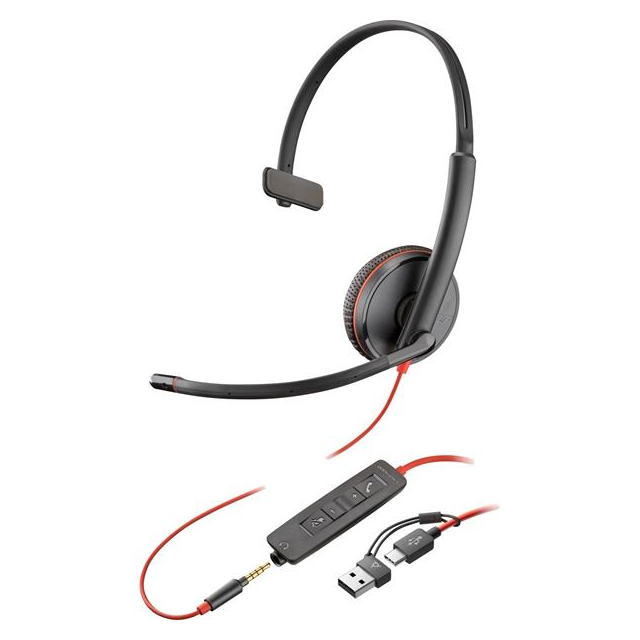 Monofónna náhlavná súprava Poly Blackwire 3215 USB-C/A + 3,5 mm jack