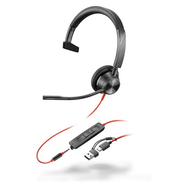 Monofónna náhlavná súprava Poly Blackwire 3315 MS USB-C/A + 3,5 mm jack